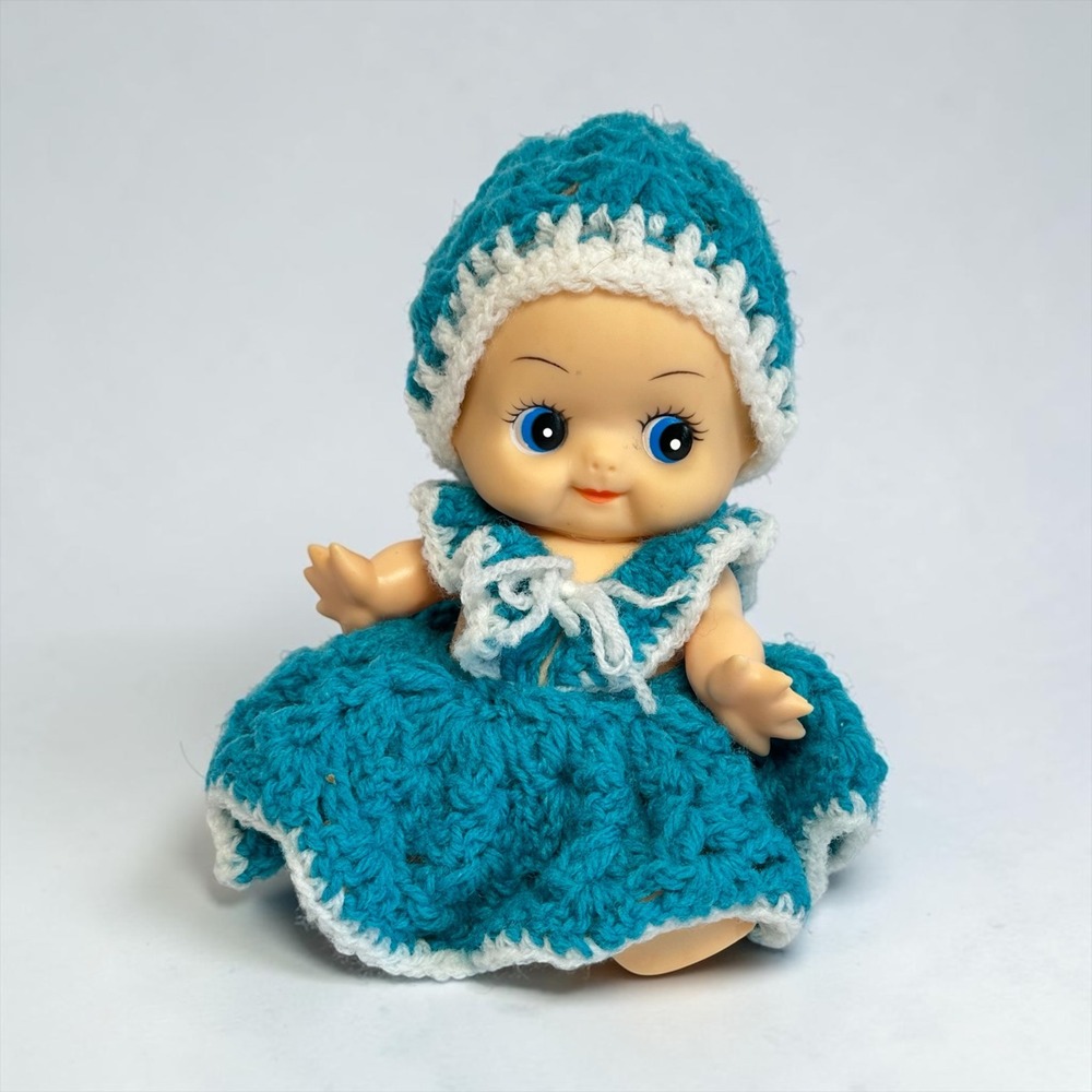 Kewpie Style Baby Doll 6.5in Teal Vintage Crochet Outfit Hong Kong
